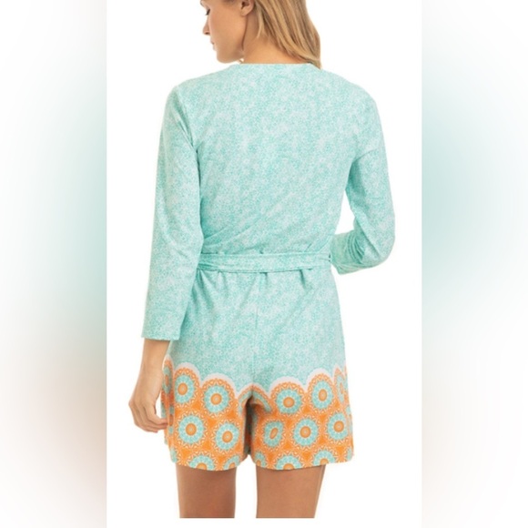 Cabana Life Women’s Wrap Romper L Blue Orange Long Sleeve Tassel Tie Boho Resort - Picture 3 of 10